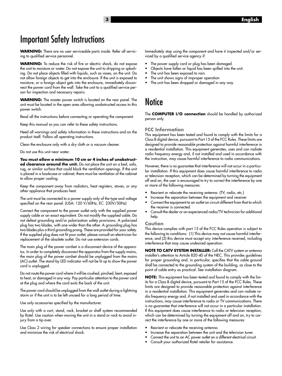 Important safety instructions, Notice, Fcc information | Caution, English | ROTEL RX-1052 User Manual | Page 3 / 85