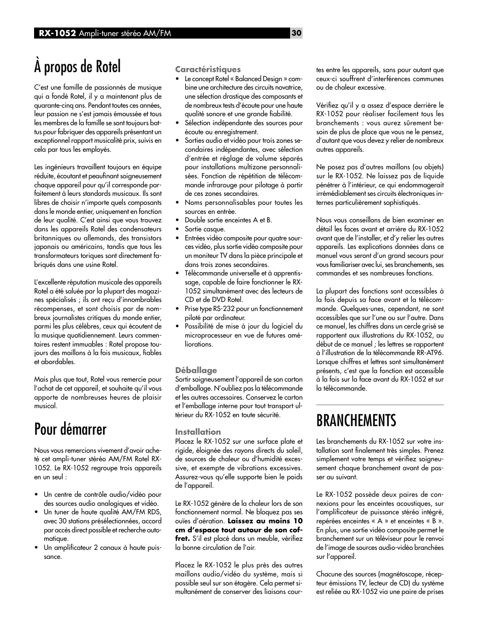 À propos de rotel, Pour démarrer, Caractéristiques | Déballage, Installation, Branchements | ROTEL RX-1052 User Manual | Page 30 / 85