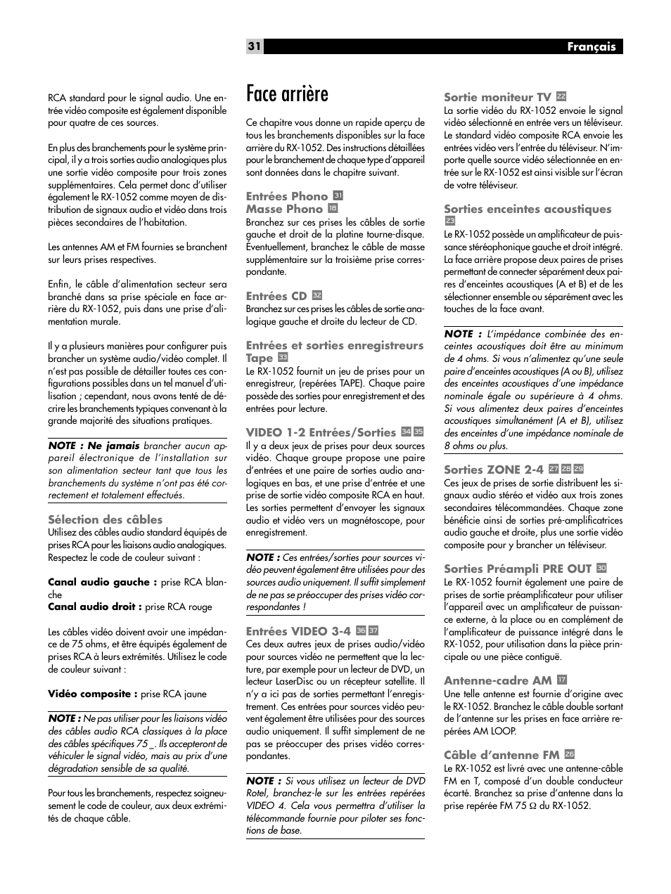 Sélection des câbles, Face arrière, Entrées phono h masse phono y | Entrées cd j, Entrées et sorties enregistreurs tape k, Video 1-2 entrées/sorties l, Entrées video 3-4 'z, Sortie moniteur tv p, Sorties enceintes acoustiques, Sorties zone 2-4 sdf | ROTEL RX-1052 User Manual | Page 31 / 85