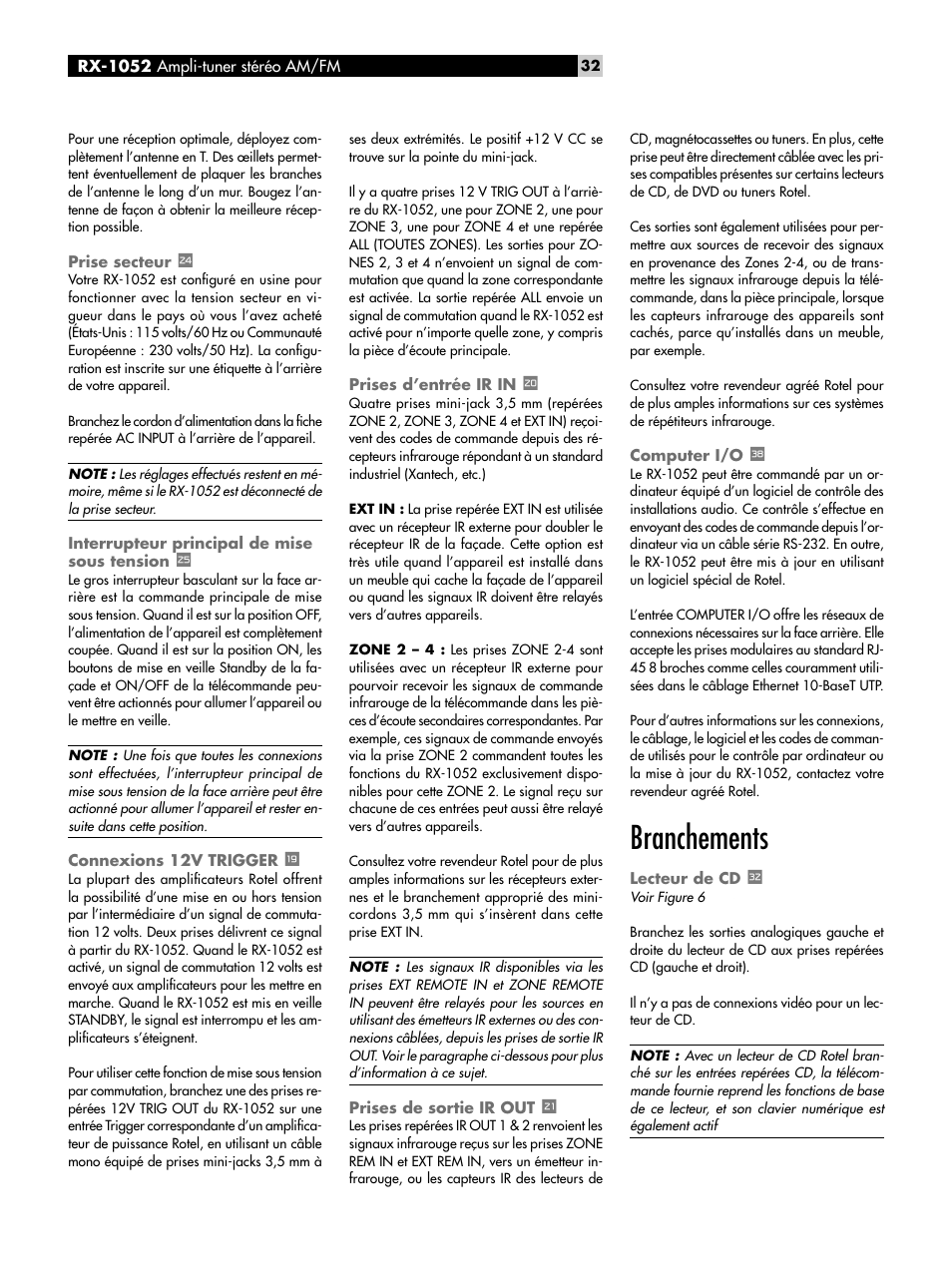 Prise secteur, Interrupteur principal de mise sous tension, Connexions 12v trigger u | Prises d’entrée ir in i, Prises de sortie ir out o, Computer i/o x, Branchements, Lecteur de cd j, Interrupteur principal de mise sous, Tension | ROTEL RX-1052 User Manual | Page 32 / 85