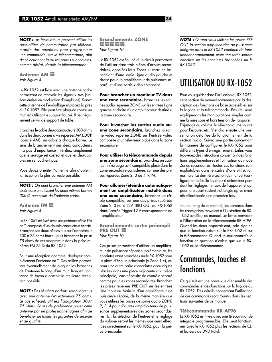 Antenne am t, Antenne fm a, Branchements zone uisdf | Branchements sortie préampli pre out g, Commandes, touches et fonctions, Télécommande rr-at96, Antenne am, Antenne fm, Branchements zone, Uisdf | ROTEL RX-1052 User Manual | Page 34 / 85