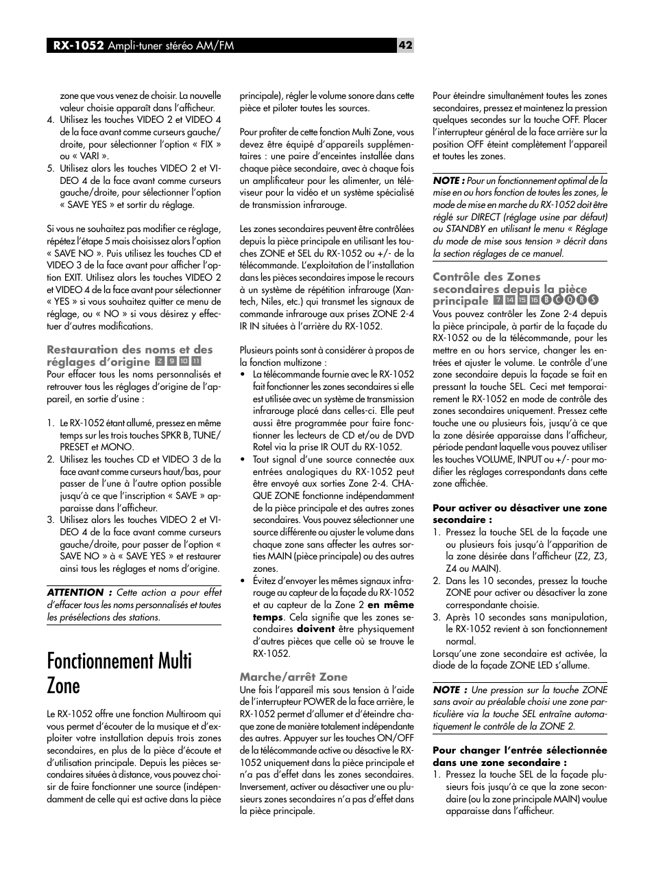 Fonctionnement multi zone, Marche/arrêt zone, Restauration des noms et des réglages | D’origine, Contrôle des zones secondaires depuis la, Pièce principale, 7wer, Bcqrs | ROTEL RX-1052 User Manual | Page 42 / 85