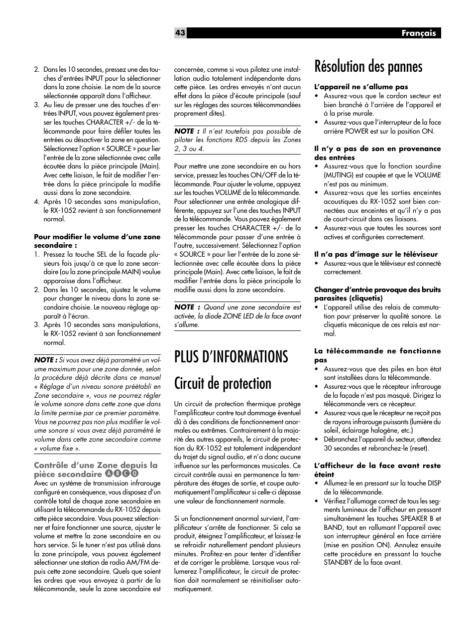 Circuit de protection, Résolution des pannes, Contrôle d’une zone depuis la pièce | Secondaire, Abcq, Plus d’informations circuit de protection | ROTEL RX-1052 User Manual | Page 43 / 85