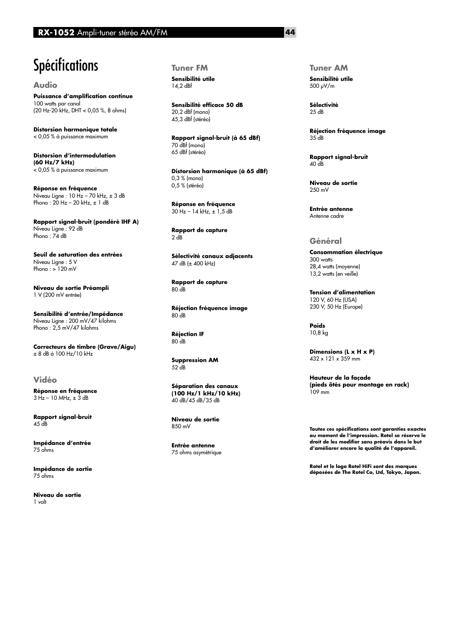 Spécifications, Audio, Vidéo | Tuner fm, Tuner am, Général, Spéciﬁcations, Rx-1052 ampli-tuner stéréo am/fm | ROTEL RX-1052 User Manual | Page 44 / 85