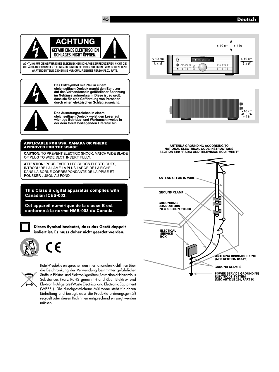 Achtung | ROTEL RX-1052 User Manual | Page 45 / 85