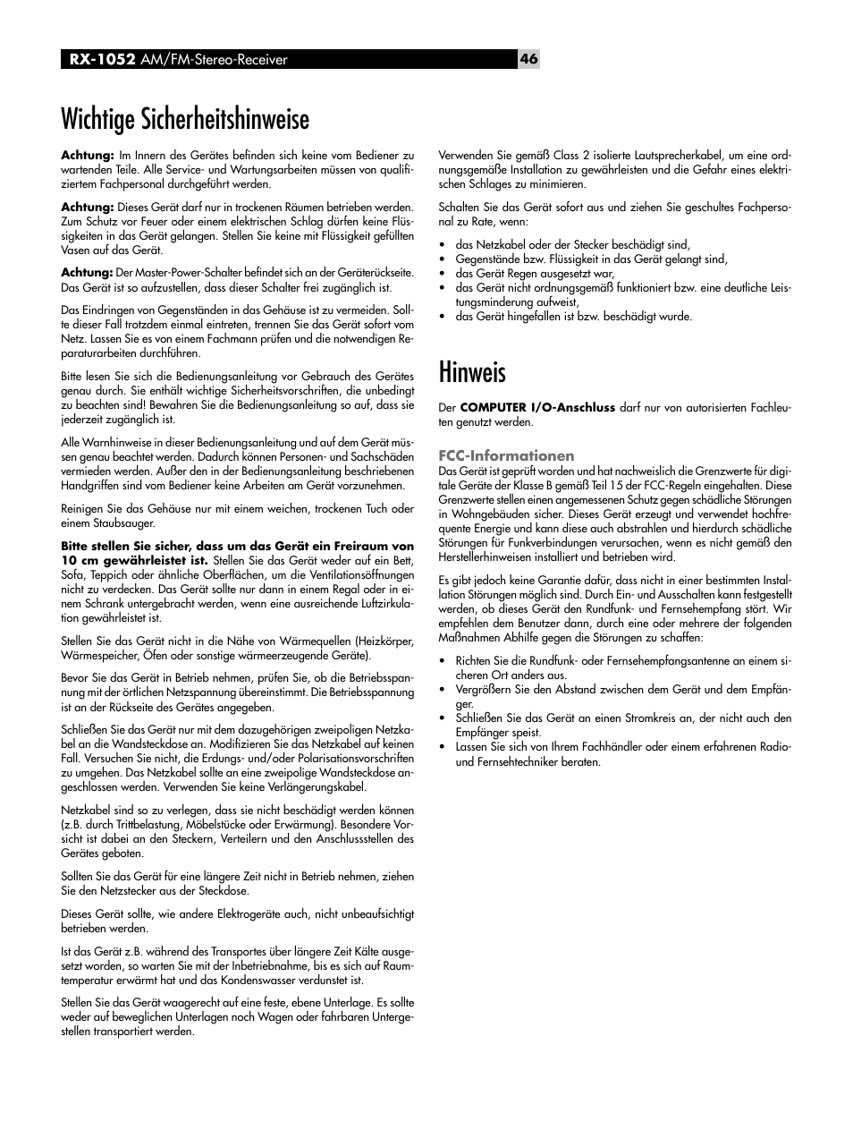 Wichtige sicherheitshinweise, Hinweis, Fcc-informationen | Rx-1052 am/fm-stereo-receiver | ROTEL RX-1052 User Manual | Page 46 / 85