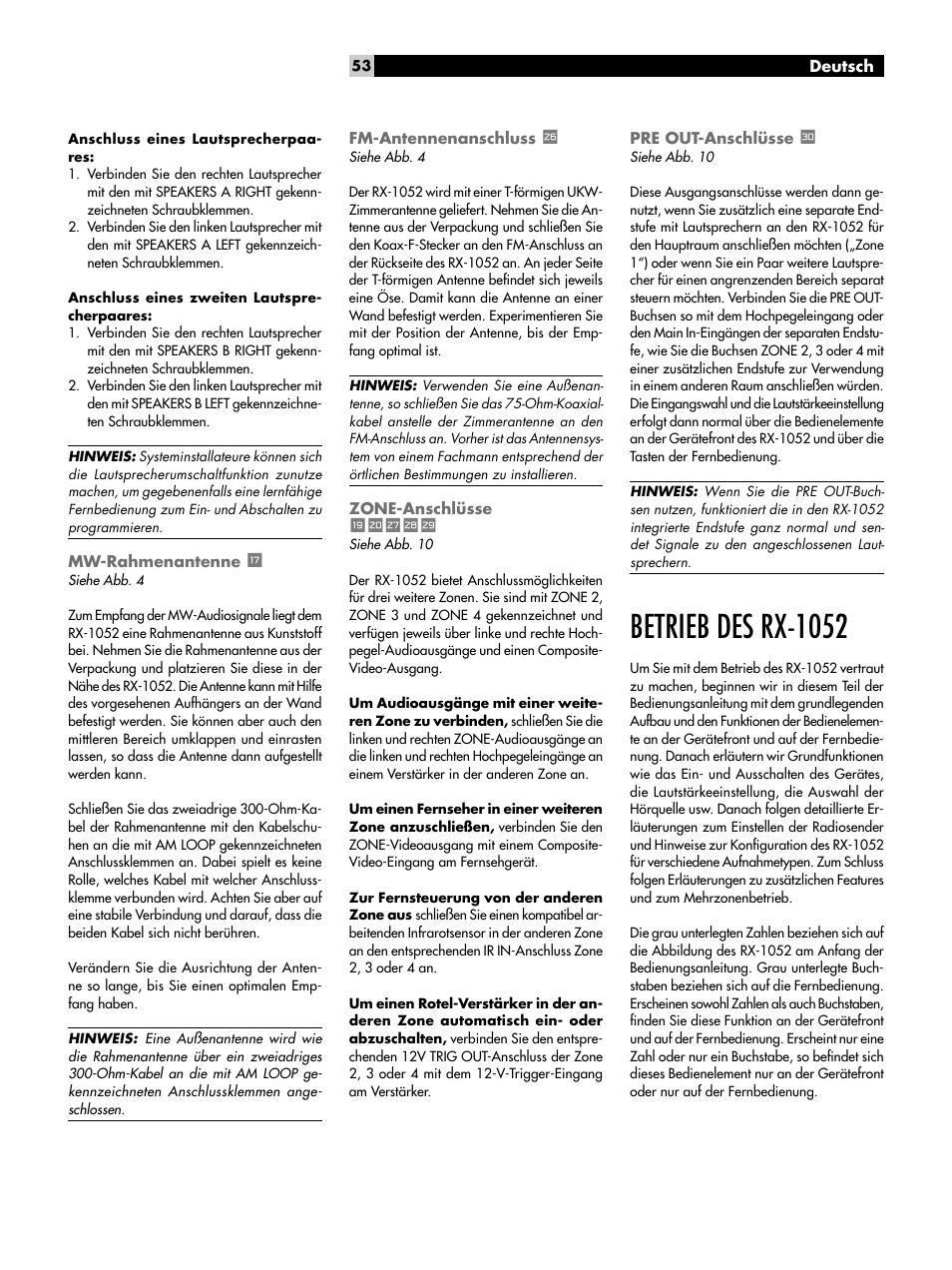 Mw-rahmenantenne t, Fm-antennenanschluss a, Zone-anschlüsse uisdf | Pre out-anschlüsse g, Betrieb des rx-1052 | ROTEL RX-1052 User Manual | Page 53 / 85