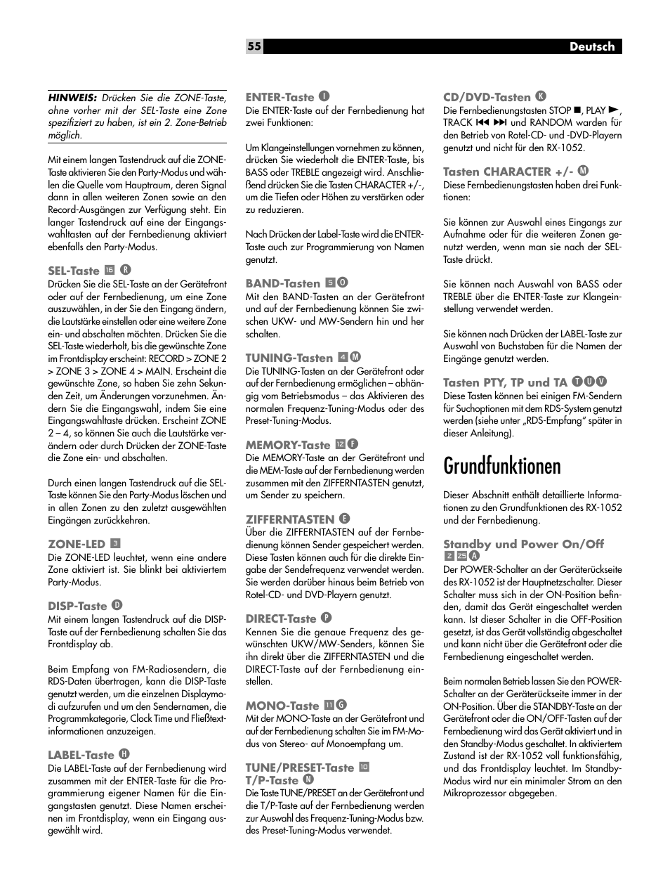 Sel-taste r r, Zone-led 3, Disp-taste d | Label-taste h, Enter-taste i, Band-tasten 5o, Tuning-tasten 4m, Memory-taste =f, Zifferntasten e, Direct-taste p | ROTEL RX-1052 User Manual | Page 55 / 85