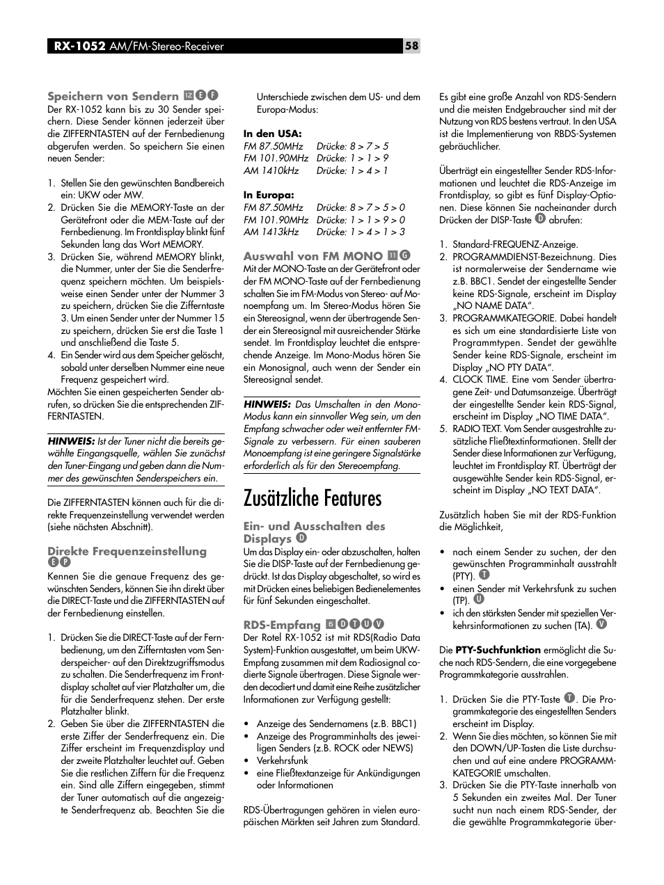 Speichern von sendern =ef, Direkte frequenzeinstellung ep, Auswahl von fm mono -g | Zusätzliche features, Ein- und ausschalten des displays d, Rds-empfang 6dtuv, Dtuv | ROTEL RX-1052 User Manual | Page 58 / 85