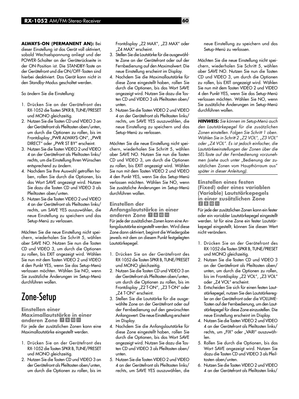 Zone-setup, Einstellen einer maximallautstärke in einer, Anderen zone | Einstellen der anfangslautstärke in einer, Einstellen eines festen (fixed) oder eines, Variablen (variable) lautstärkepegels in einer, Zusätzlichen zone | ROTEL RX-1052 User Manual | Page 60 / 85
