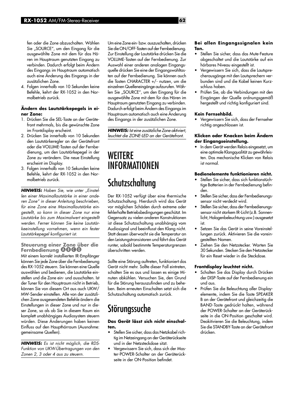 Steuerung einer zone über die fernbedienung abcq, Schutzschaltung, Störungssuche | Steuerung einer zone über die, Fernbedienung, Abcq, Weitere informationen schutzschaltung | ROTEL RX-1052 User Manual | Page 62 / 85