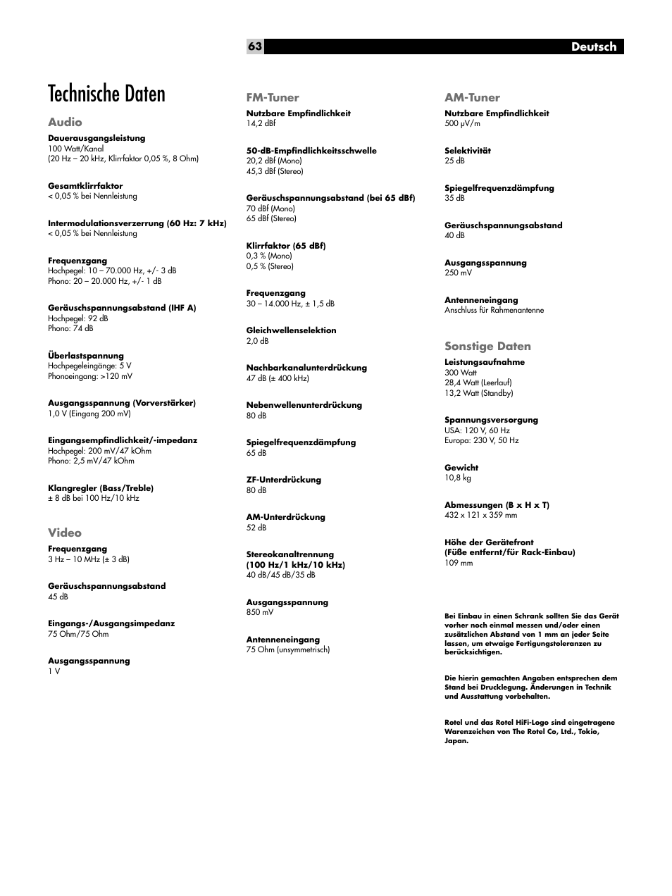 Technische daten, Audio, Video | Fm-tuner, Am-tuner, Sonstige daten, Deutsch | ROTEL RX-1052 User Manual | Page 63 / 85