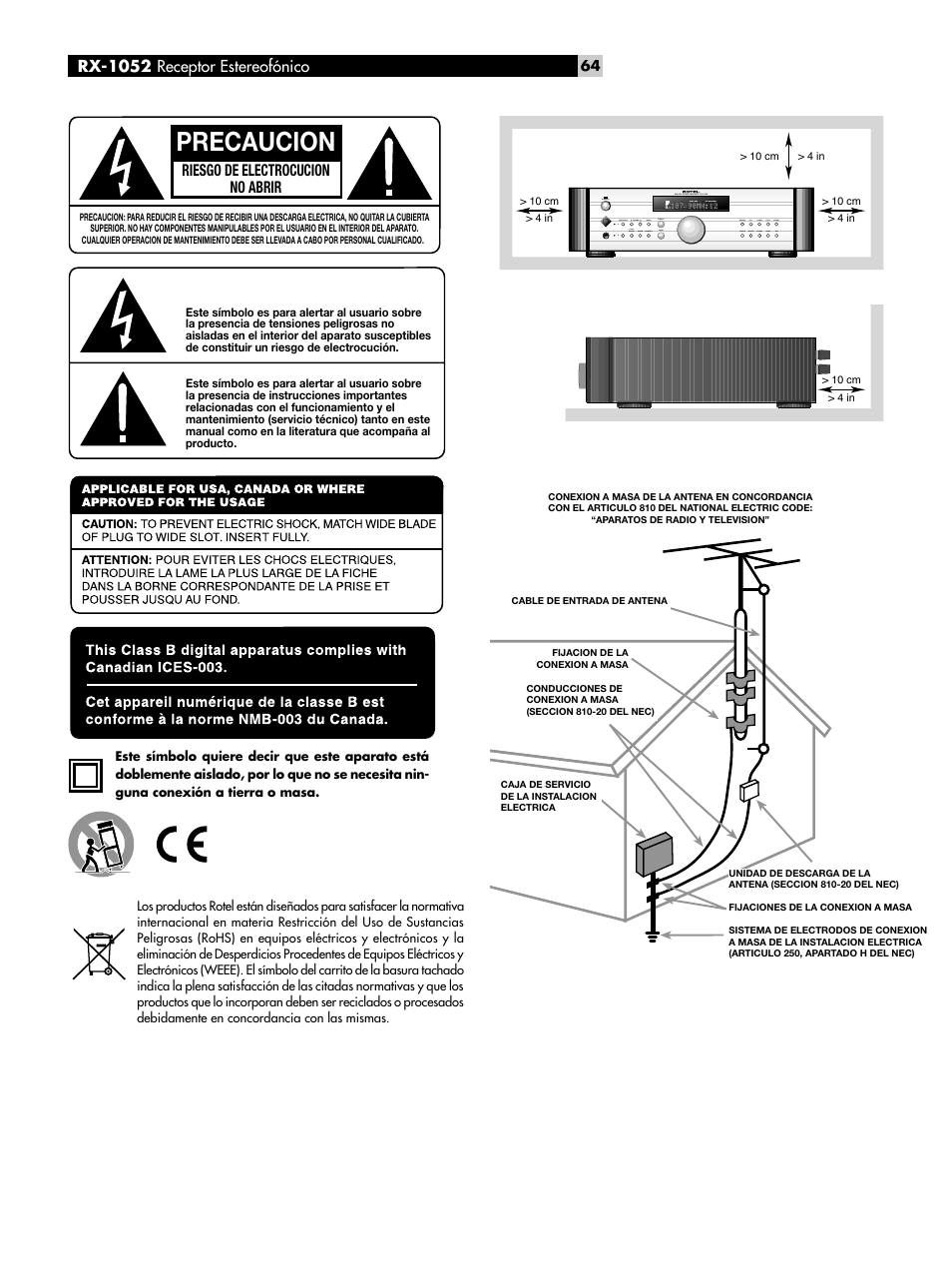 Precaucion, Rx-1052 receptor estereofónico, Riesgo de electrocucion no abrir | ROTEL RX-1052 User Manual | Page 64 / 85