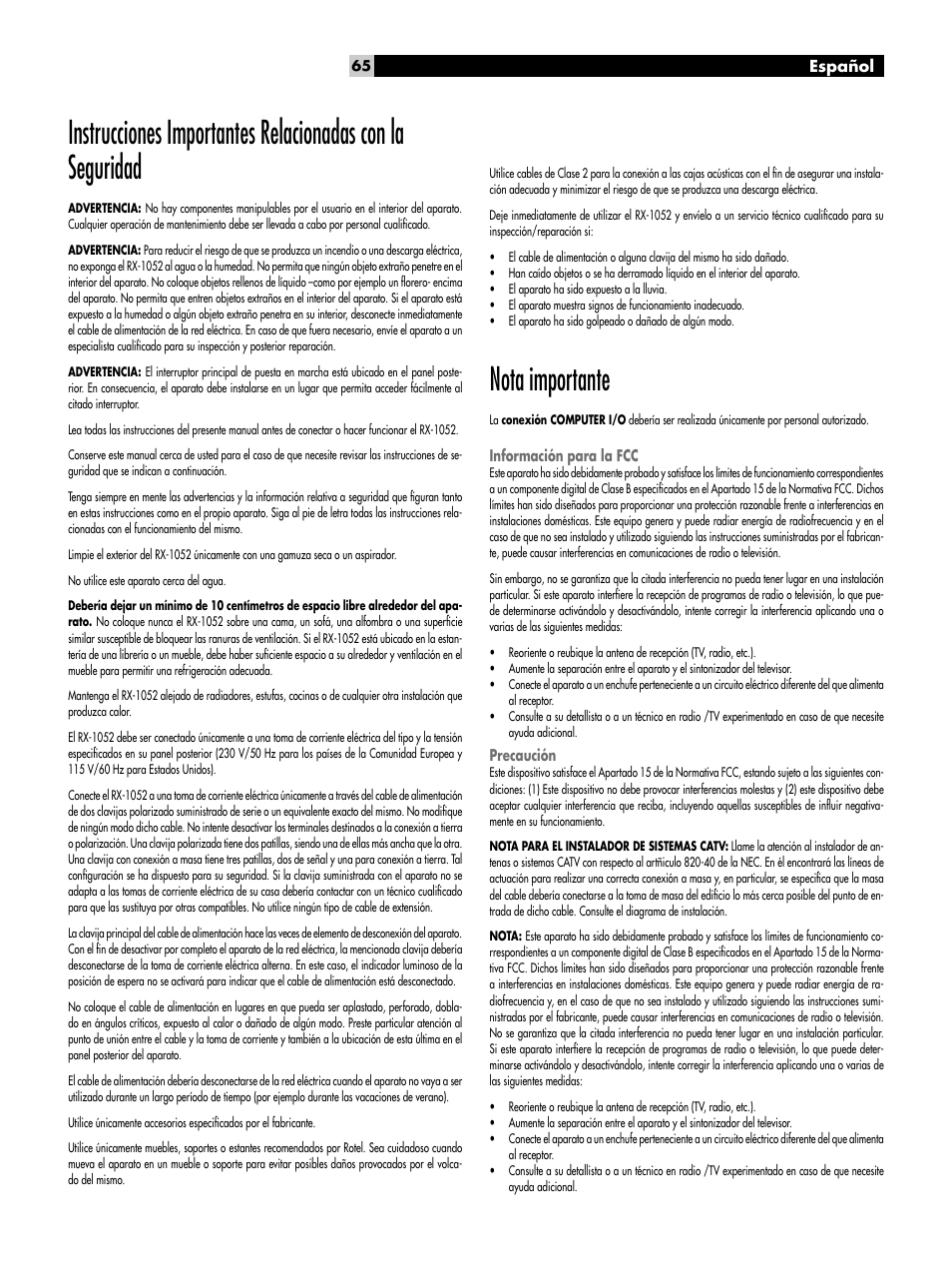 Nota importante, Información para la fcc, Precaución | ROTEL RX-1052 User Manual | Page 65 / 85