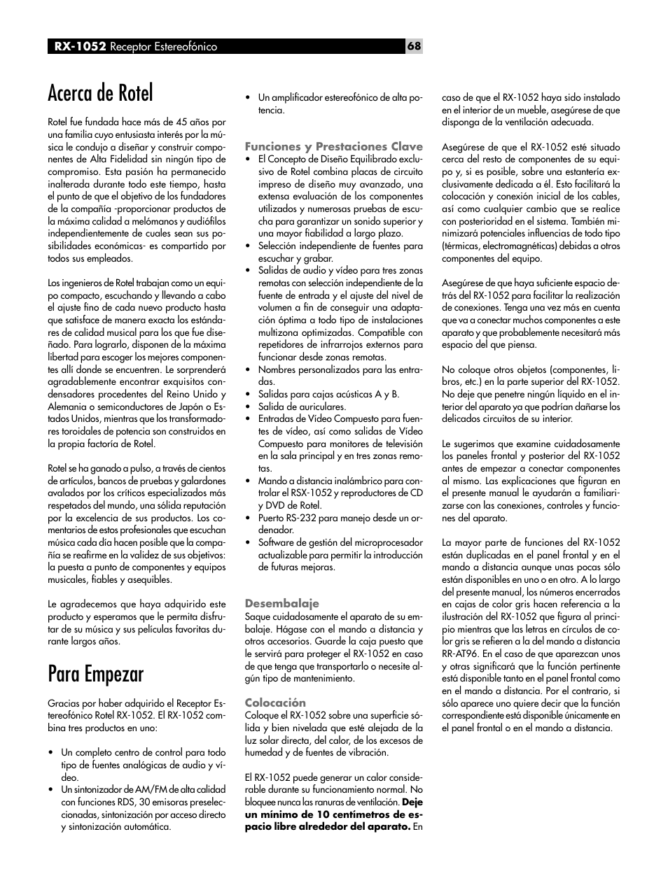 Acerca de rotel, Para empezar, Funciones y prestaciones clave | Desembalaje, Colocación | ROTEL RX-1052 User Manual | Page 68 / 85