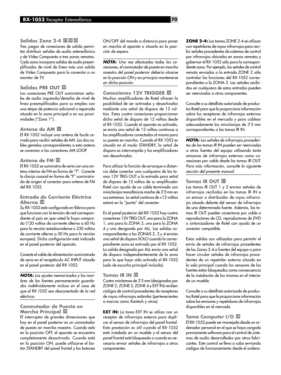 Salidas zone 2-4 sdf, Salidas pre out g, Antena de am t | Antena de fm a, Entrada de corriente eléctrica alterna, Conmutador de puesta en marcha principal, Conexiones 12v trigger u, Tomas ir in i, Tomas ir out o, Toma computer i/o x | ROTEL RX-1052 User Manual | Page 70 / 85