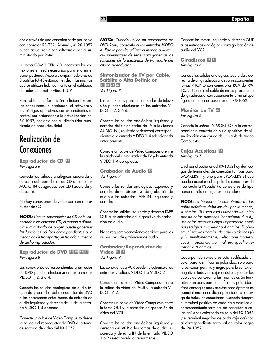 Realización de conexiones, Reproductor de cd j, Reproductor de dvd l;'z | Grabador de audio k, Grabador/reproductor de vídeo l, Giradiscos yh, Monitor de tv p, Cajas acústicas, Reproductor de cd, Reproductor de dvd | ROTEL RX-1052 User Manual | Page 71 / 85