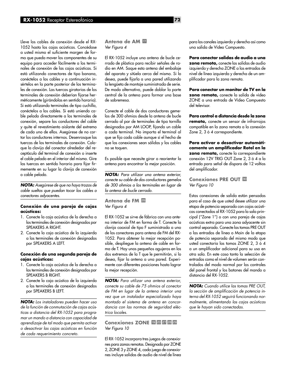 Antena de am t, Antena de fm a, Conexiones zone uisdf | Conexiones pre out g, Antena de am, Antena de fm, Conexiones zone, Uisdf, Conexiones pre out | ROTEL RX-1052 User Manual | Page 72 / 85