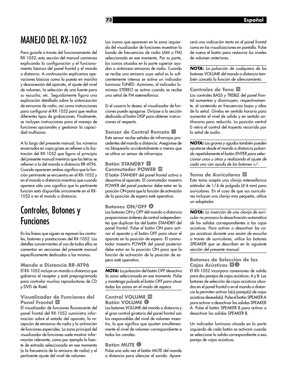 Controles, botones y funciones, Mando a distancia rr-at96, Visualizador de funciones del panel frontal 6 | Sensor de control remoto 1, Botón standby 2 conmutador power, Botones on/off a, Control volume w botón volume c, Botón mute l, Controles de tono q, Toma de auriculares 8 | ROTEL RX-1052 User Manual | Page 73 / 85