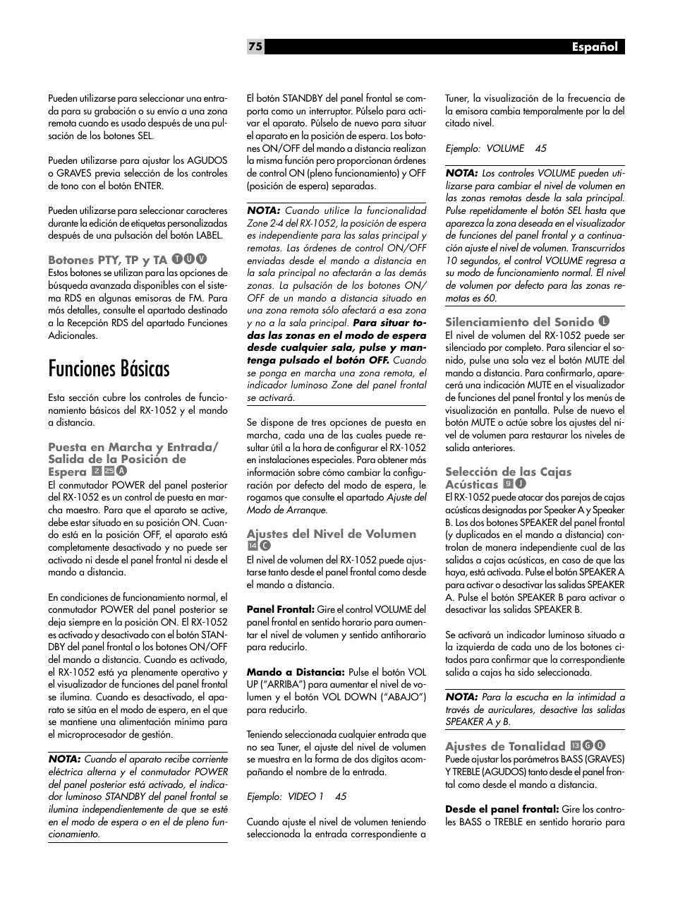 Botones pty, tp y ta tuv, Funciones básicas, Ajustes del nivel de volumen wc | Silenciamiento del sonido l, Selección de las cajas acústicas 9j, Ajustes de tonalidad qgq, Botones pty, tp y ta, Puesta en marcha y entrada/salida, De la posición de espera, Ajustes del nivel de volumen | ROTEL RX-1052 User Manual | Page 75 / 85