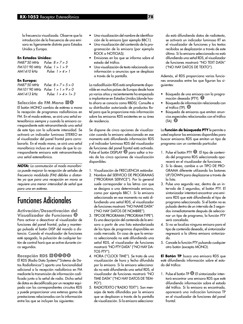 Selección de fm mono -g, Funciones adicionales, Recepción rds 6dtuv | Selección de fm mono, Activación/desactivación del visualizador, De funciones, Recepción rds, Dtuv | ROTEL RX-1052 User Manual | Page 78 / 85