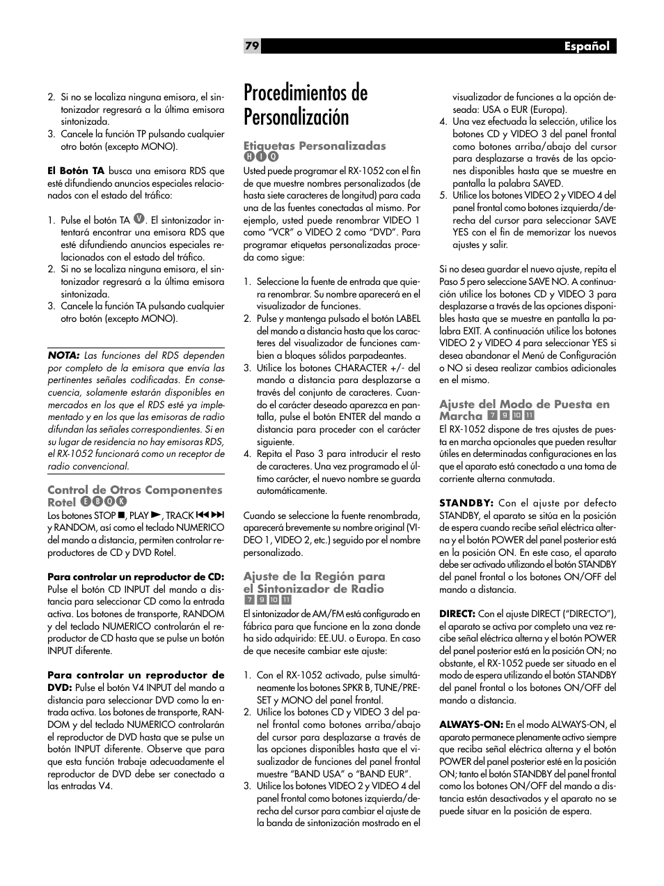 Control de otros componentes rotel ebqk, Procedimientos de personalización, Etiquetas personalizadas hiq | Ajuste del modo de puesta en marcha 790, Control de otros componentes rotel, Ebqk, Etiquetas personalizadas, Ajuste de la región para el sintonizador, De radio, Ajuste del modo de puesta en marcha | ROTEL RX-1052 User Manual | Page 79 / 85