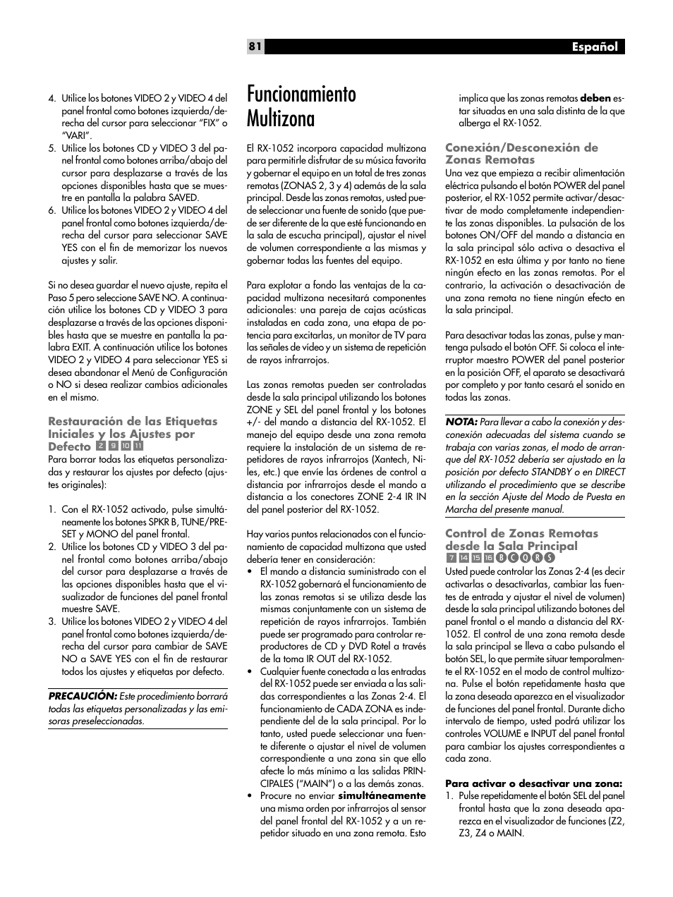 Funcionamiento multizona, Conexión/desconexión de zonas remotas, Restauración de las etiquetas iniciales y los | Ajustes por defecto, Control de zonas remotas desde la sala, Principal, 7wer, Bcqrs | ROTEL RX-1052 User Manual | Page 81 / 85