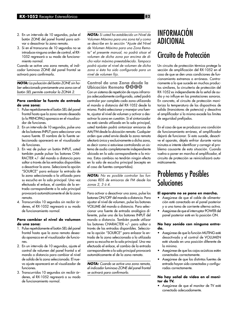 Control de una zona desde la ubicación remota abcq, Circuito de protección, Problemas y posibles soluciones | Control de una zona desde la ubicación remota, Abcq, Información adicional circuito de protección | ROTEL RX-1052 User Manual | Page 82 / 85