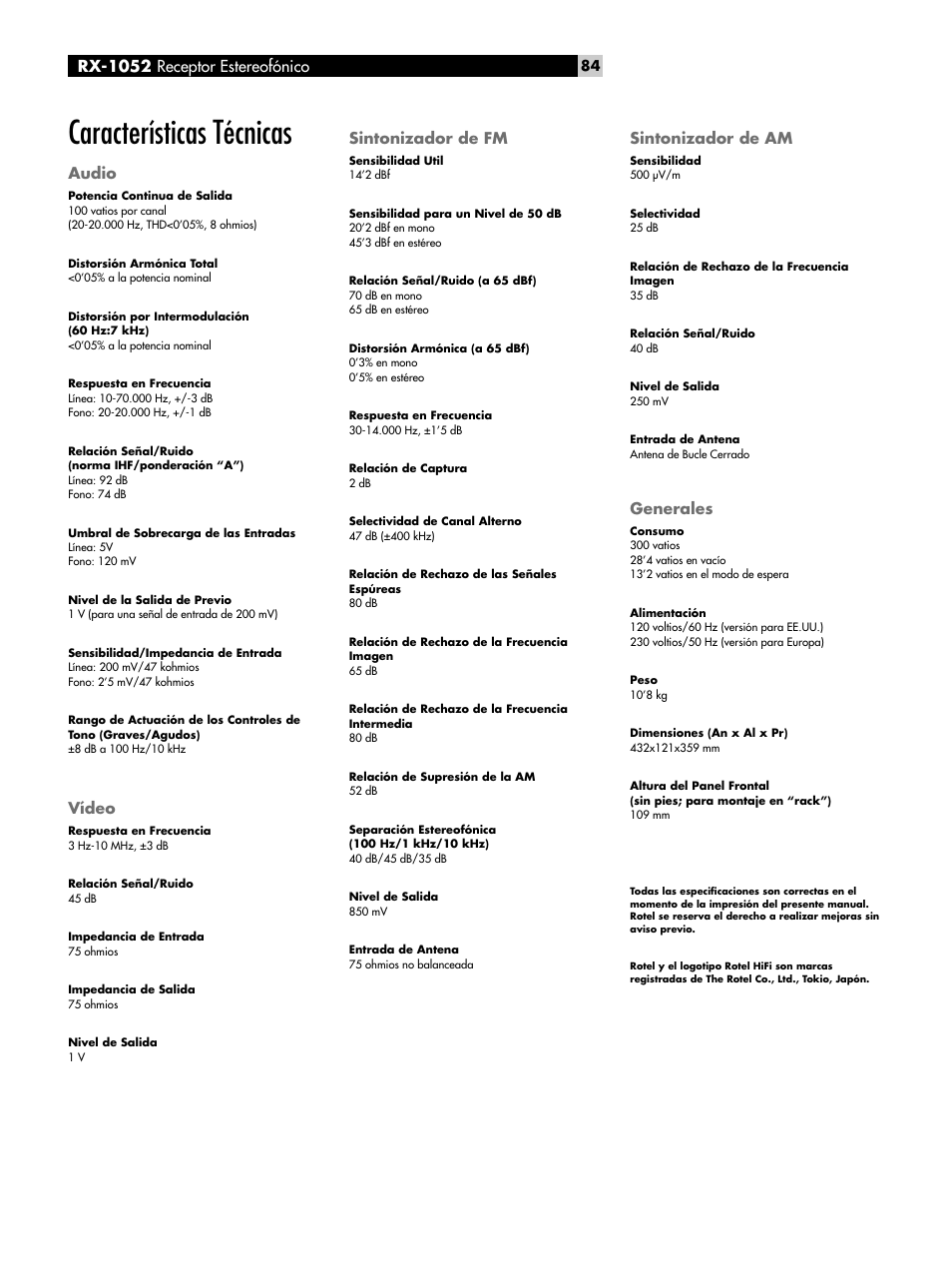 Características técnicas, Audio, Vídeo | Sintonizador de fm, Sintonizador de am, Generales, Rx-1052 receptor estereofónico | ROTEL RX-1052 User Manual | Page 84 / 85