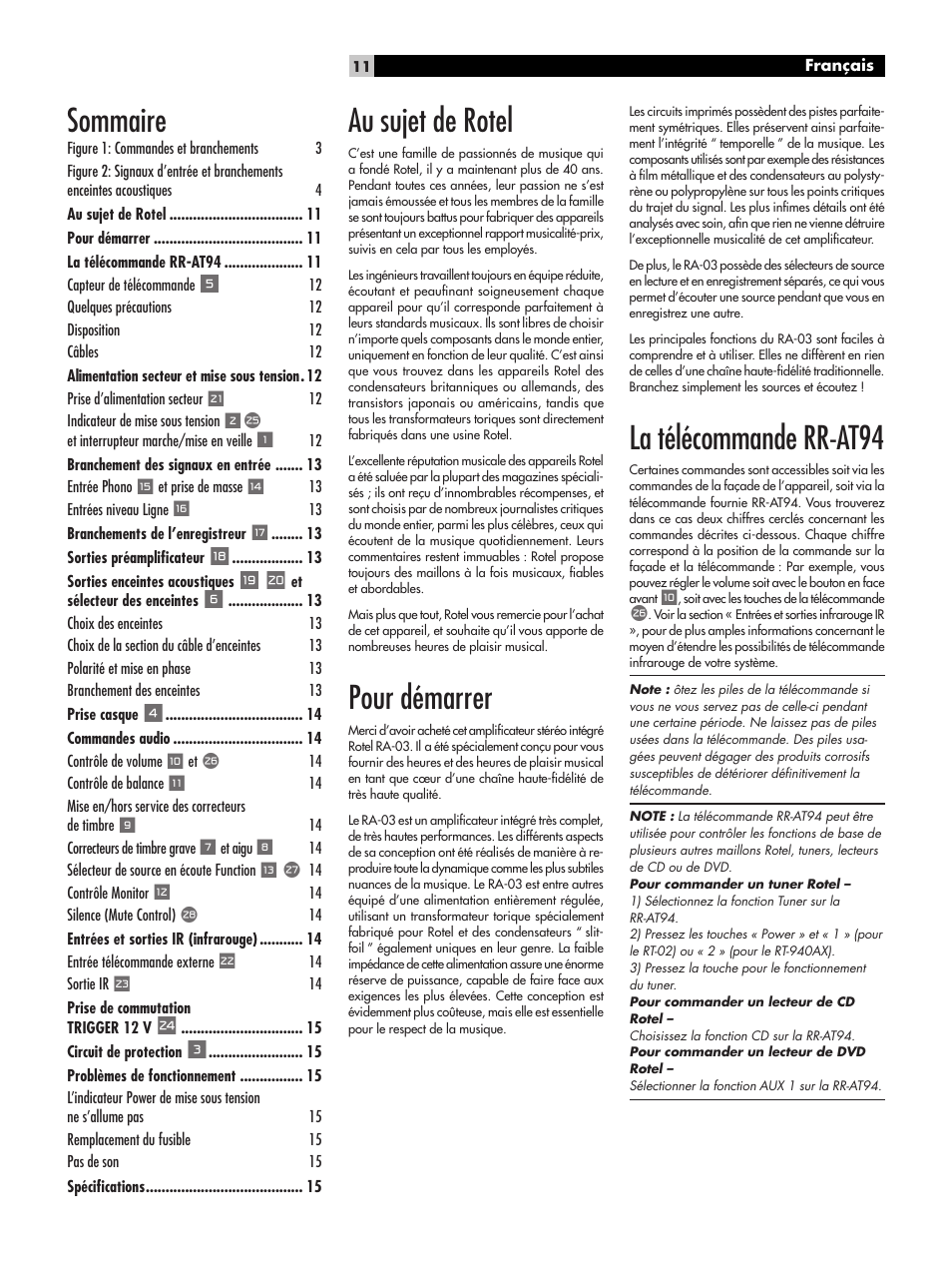 Au sujet de rotel, Pour démarrer, La télécommande rr-at94 | Sommaire | ROTEL RA-03 User Manual | Page 11 / 46