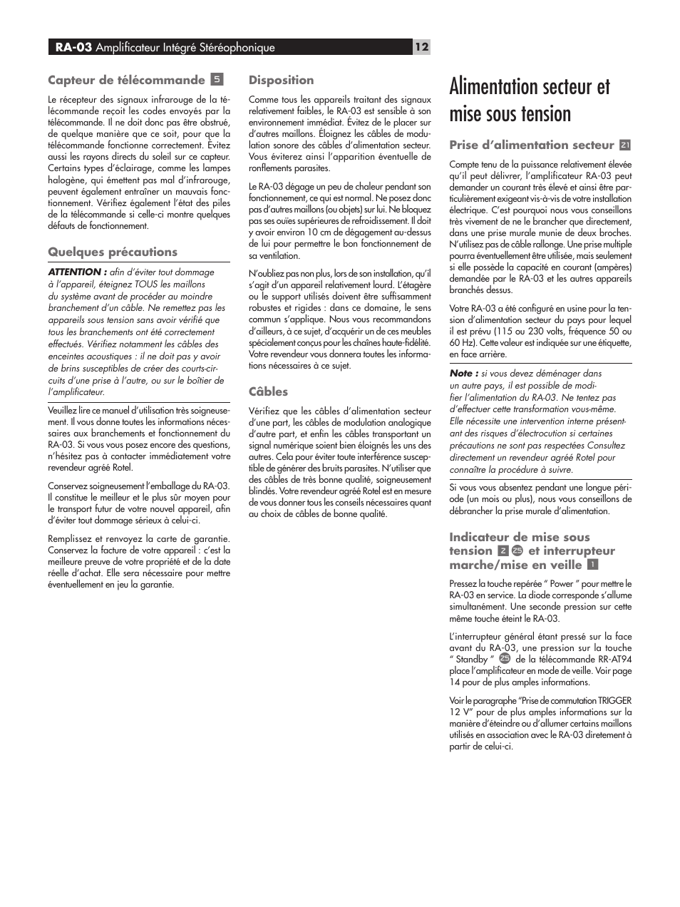 Alimentation secteur et mise sous tension | ROTEL RA-03 User Manual | Page 12 / 46