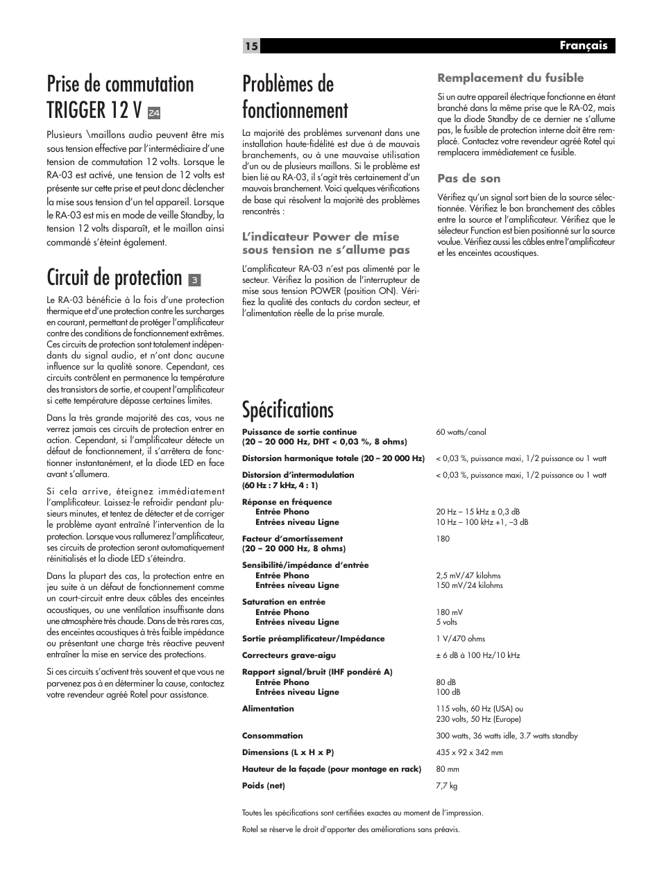 Prise de commutation trigger 12 v, Circuit de protection, Problèmes de fonctionnement | Spéciﬁcations | ROTEL RA-03 User Manual | Page 15 / 46