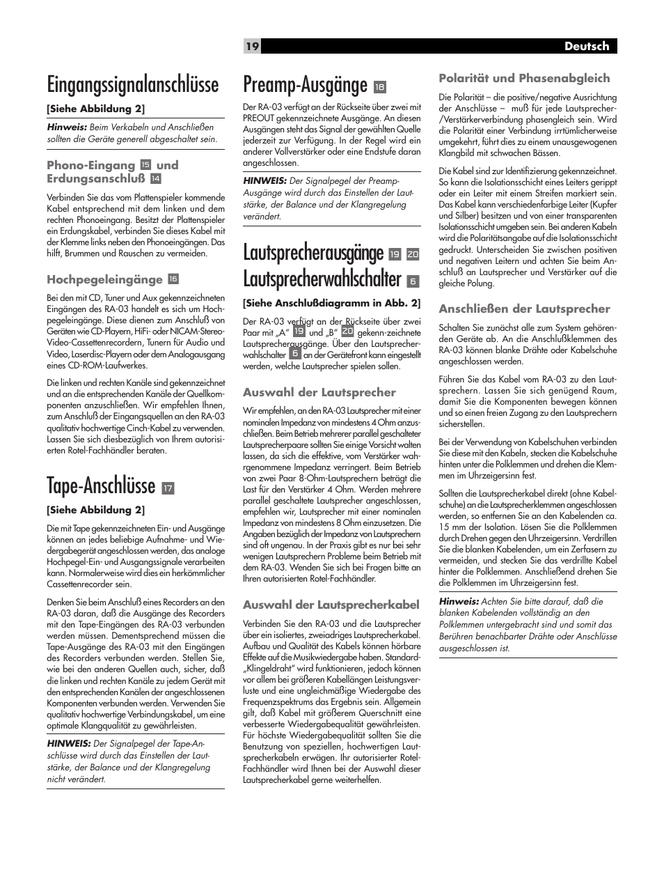 Eingangssignalanschlüsse, Tape-anschlüsse, Preamp-ausgänge | Lautsprecherausgänge, Lautsprecherwahlschalter | ROTEL RA-03 User Manual | Page 19 / 46