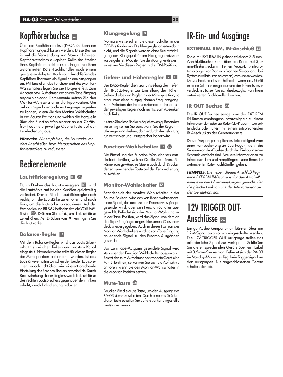 Kopfhörerbuchse, Bedienelemente, Ir-ein- und ausgänge | 12v trigger out- anschlüsse | ROTEL RA-03 User Manual | Page 20 / 46