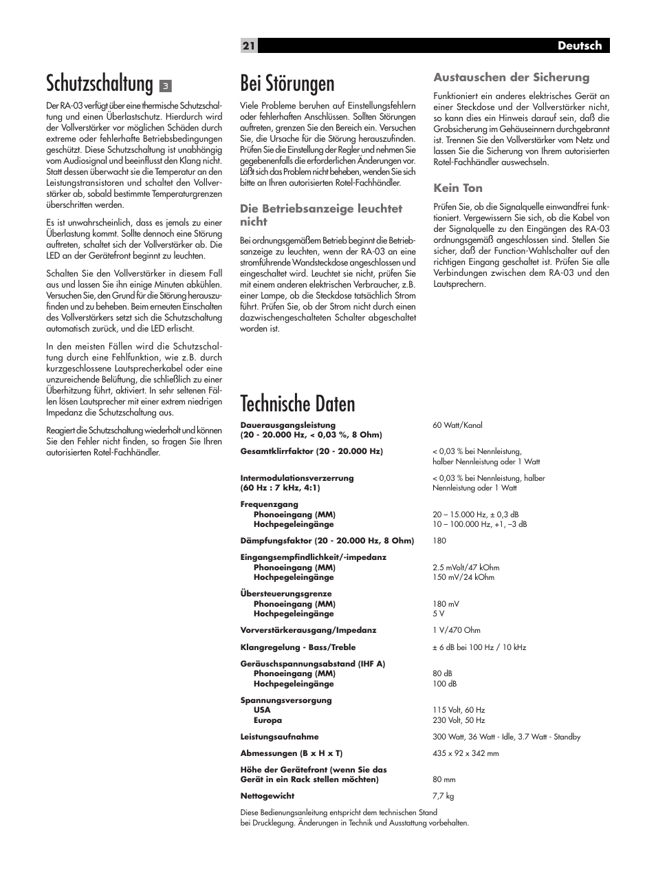 Schutzschaltung, Technische daten, Bei störungen | Deutsch, Die betriebsanzeige leuchtet nicht, Austauschen der sicherung, Kein ton | ROTEL RA-03 User Manual | Page 21 / 46