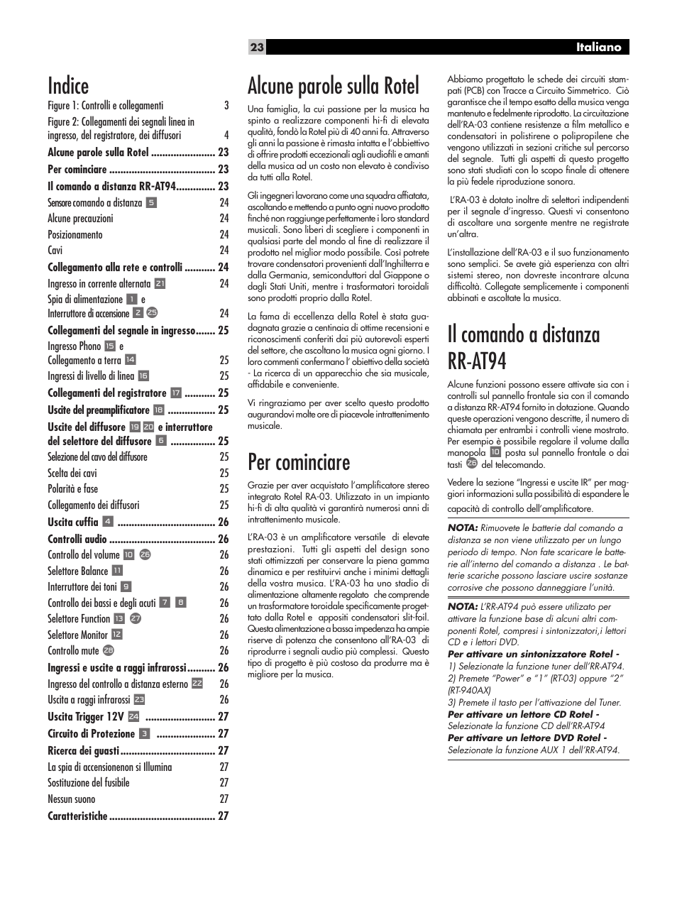 Alcune parole sulla rotel, Per cominciare, Il comando a distanza rr-at94 | Indice | ROTEL RA-03 User Manual | Page 23 / 46