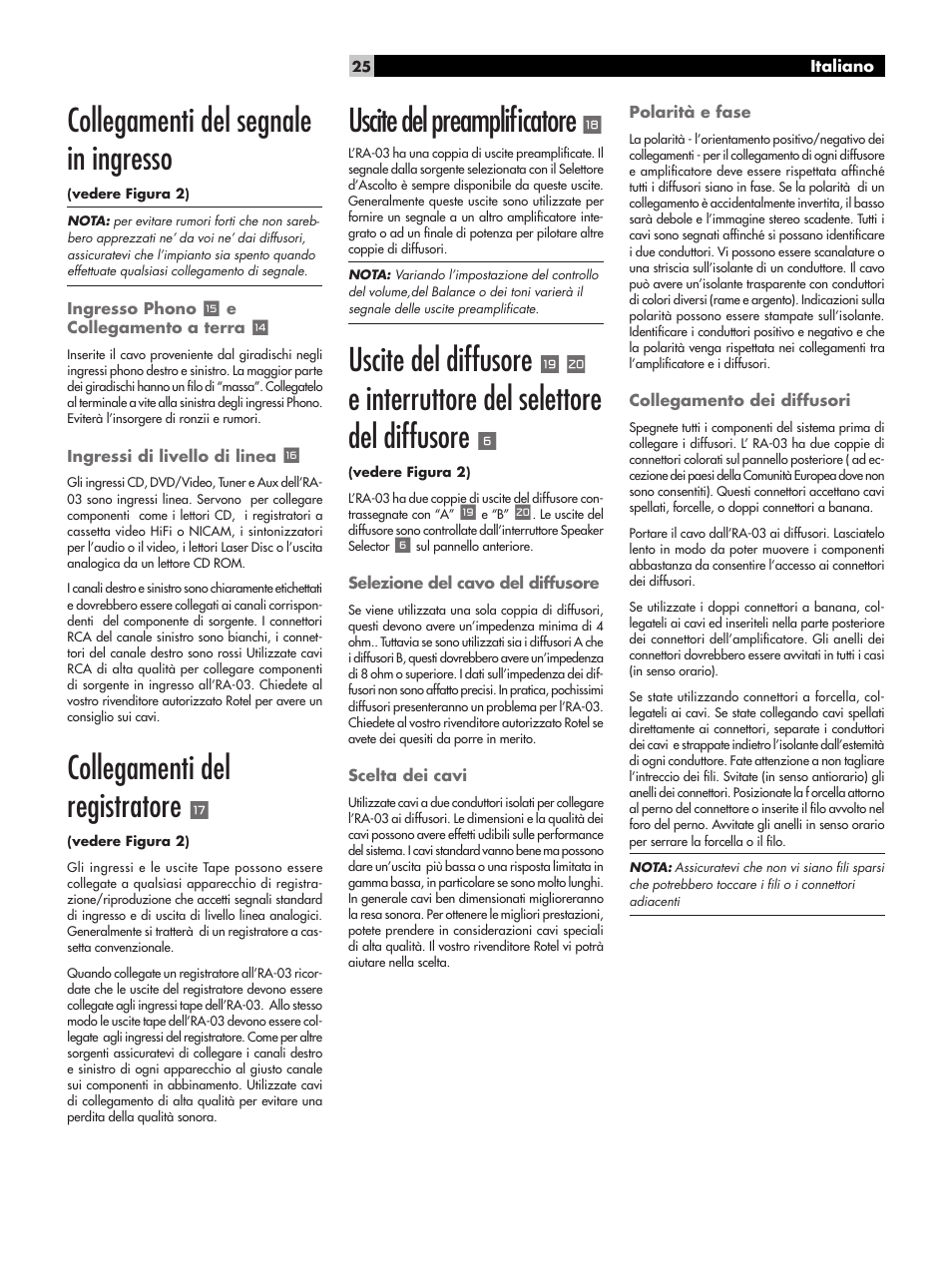 Collegamenti del segnale in ingresso, Collegamenti del registratore, Uscite del preampliﬁcatore | Uscite del diffusore, E interruttore del selettore del diffusore | ROTEL RA-03 User Manual | Page 25 / 46