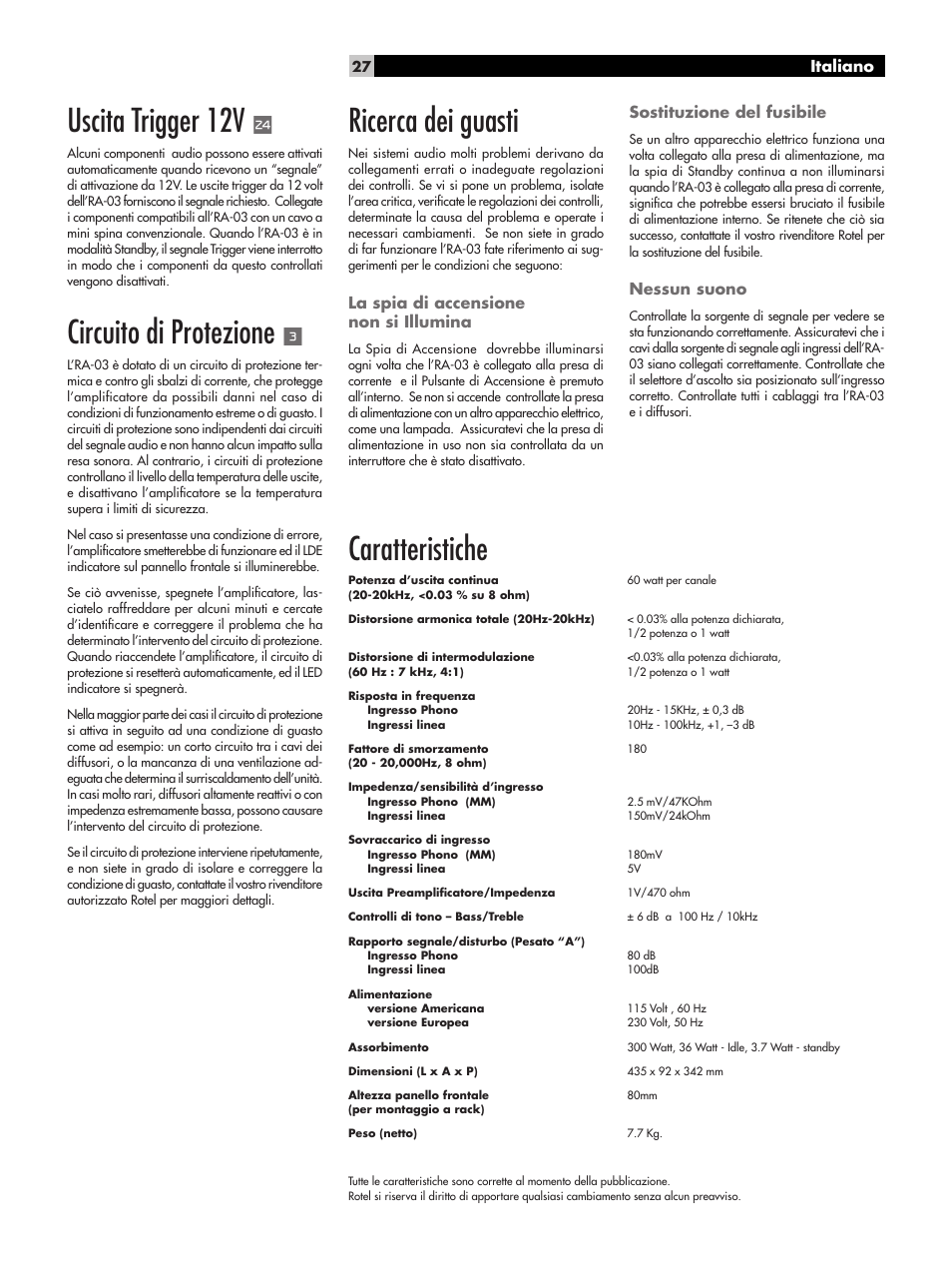 Uscita trigger 12v, Circuito di protezione, Ricerca dei guasti | Caratteristiche | ROTEL RA-03 User Manual | Page 27 / 46