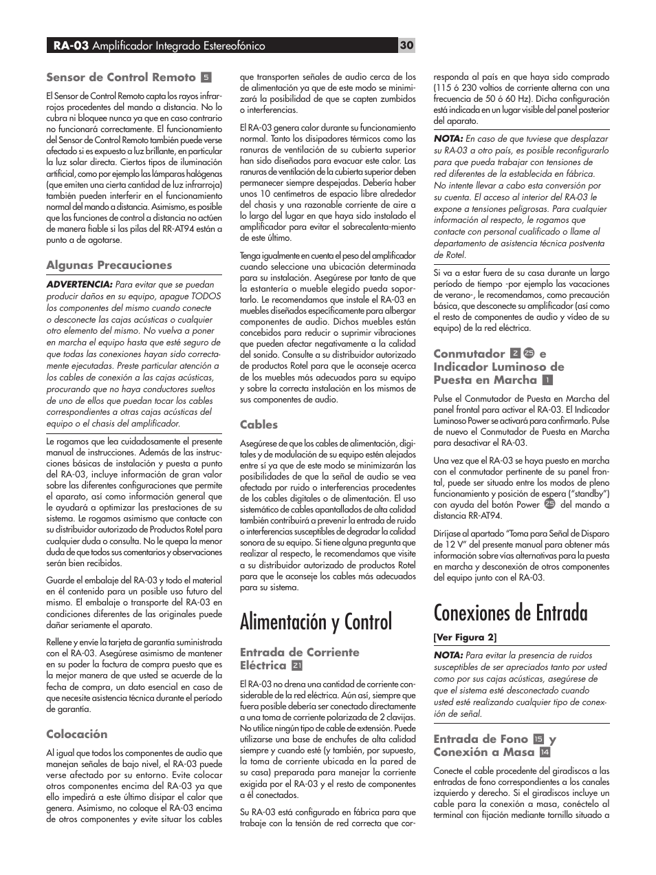 Alimentación y control, Conexiones de entrada | ROTEL RA-03 User Manual | Page 30 / 46