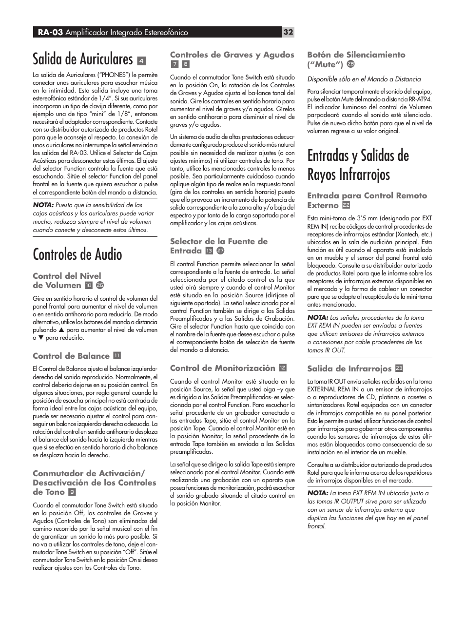 Salida de auriculares, Controles de audio, Entradas y salidas de rayos infrarrojos | ROTEL RA-03 User Manual | Page 32 / 46