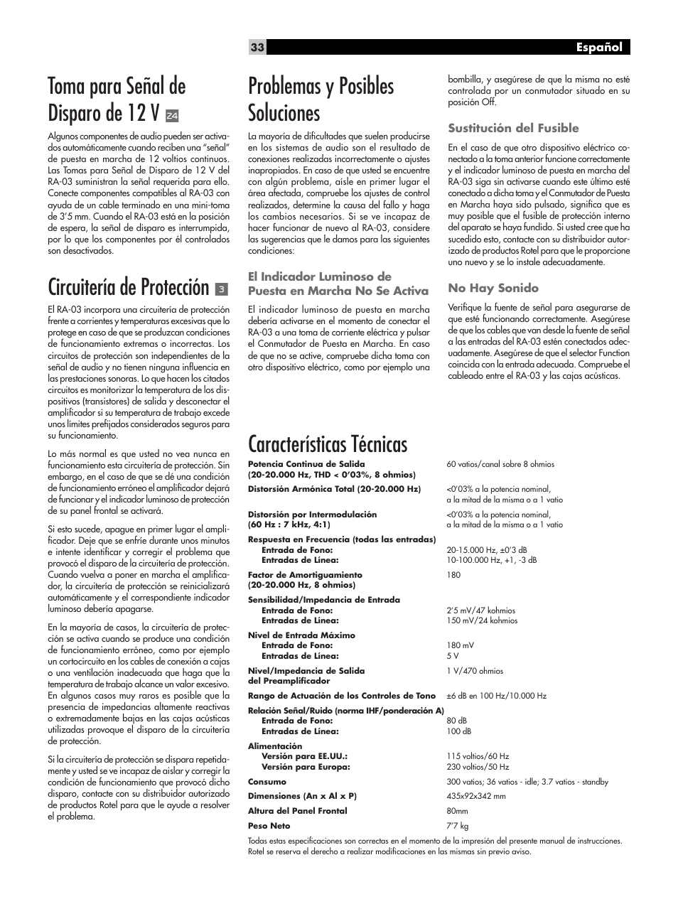 Toma para señal de disparo de 12 v, Circuitería de protección, Problemas y posibles soluciones | Características técnicas | ROTEL RA-03 User Manual | Page 33 / 46