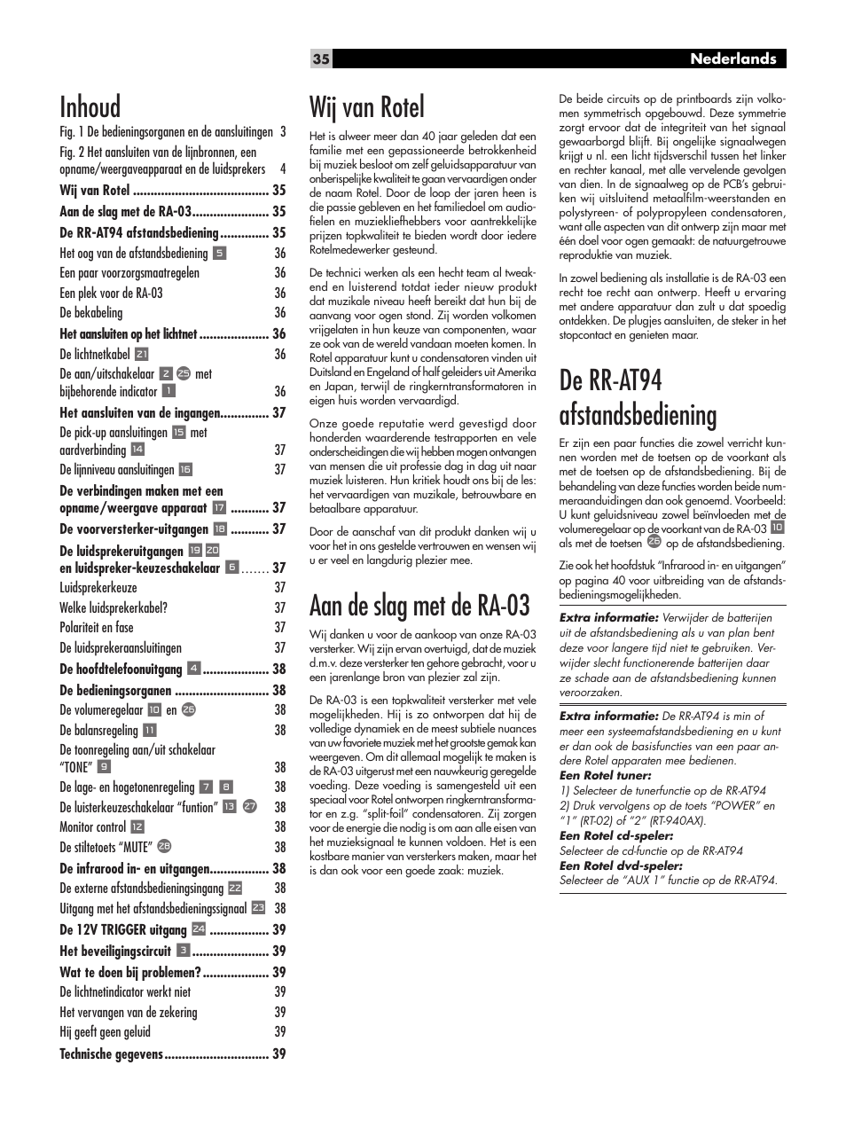 Wij van rotel, Aan de slag met de ra-03, De rr-at94 afstandsbediening | Inhoud | ROTEL RA-03 User Manual | Page 35 / 46