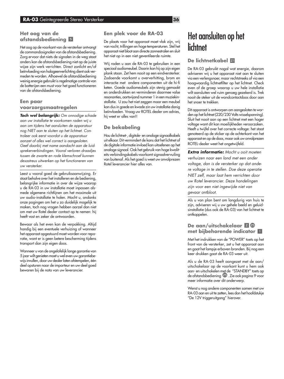 Het aansluiten op het lichtnet | ROTEL RA-03 User Manual | Page 36 / 46