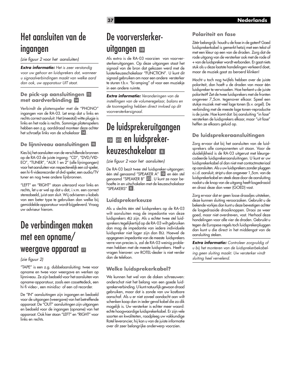 Het aansluiten van de ingangen, De voorversterker- uitgangen, De luidsprekeruitgangen | En luidspreker- keuzeschakelaar | ROTEL RA-03 User Manual | Page 37 / 46