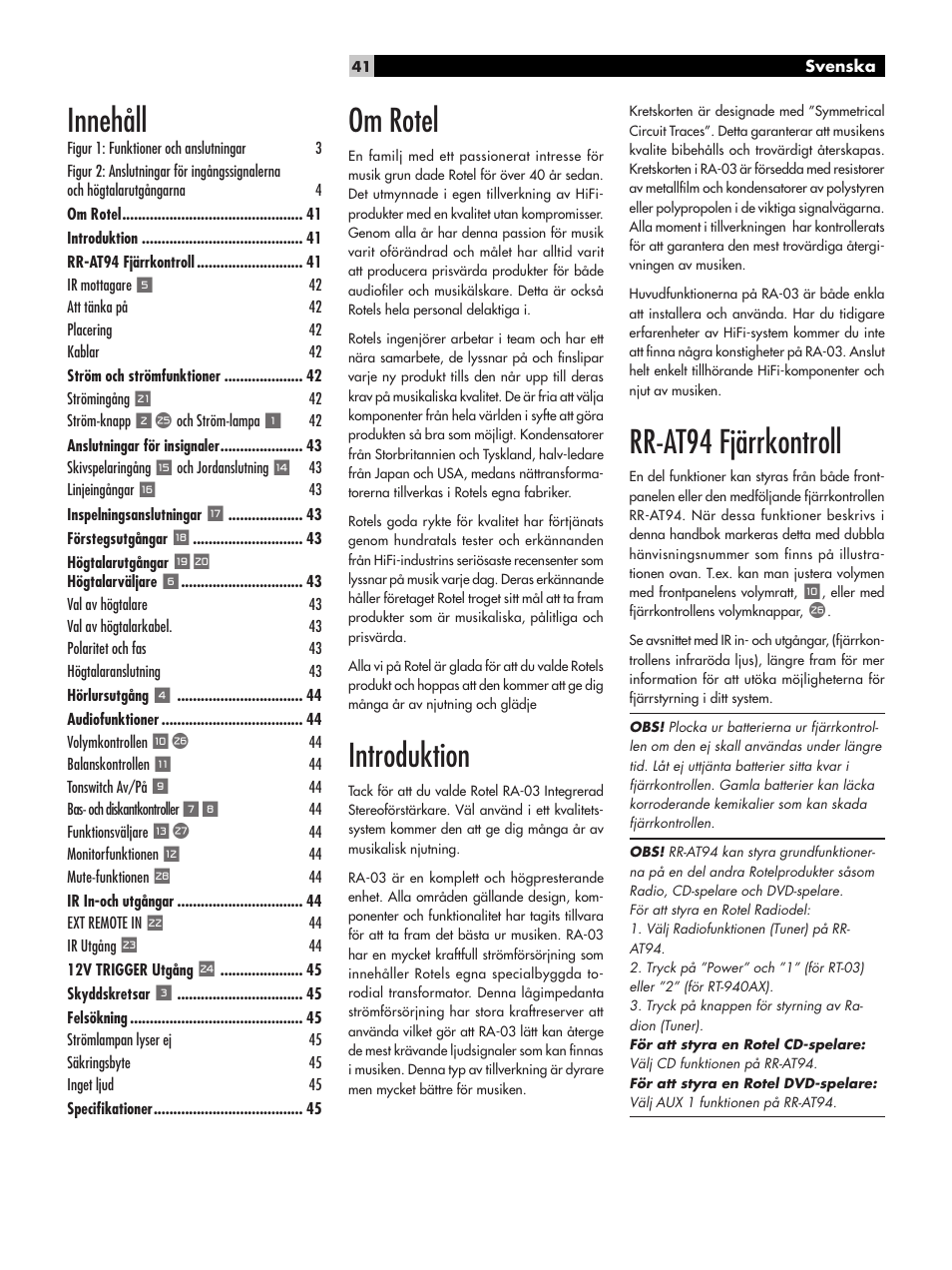 Om rotel, Introduktion, Rr-at94 fjärrkontroll | Innehåll | ROTEL RA-03 User Manual | Page 41 / 46