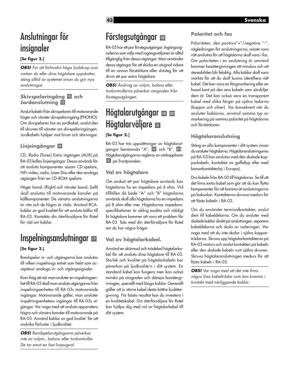 Anslutningar för insignaler, Inspelningsanslutningar, Förstegsutgångar | Högtalarutgångar, Högtalarväljare | ROTEL RA-03 User Manual | Page 43 / 46