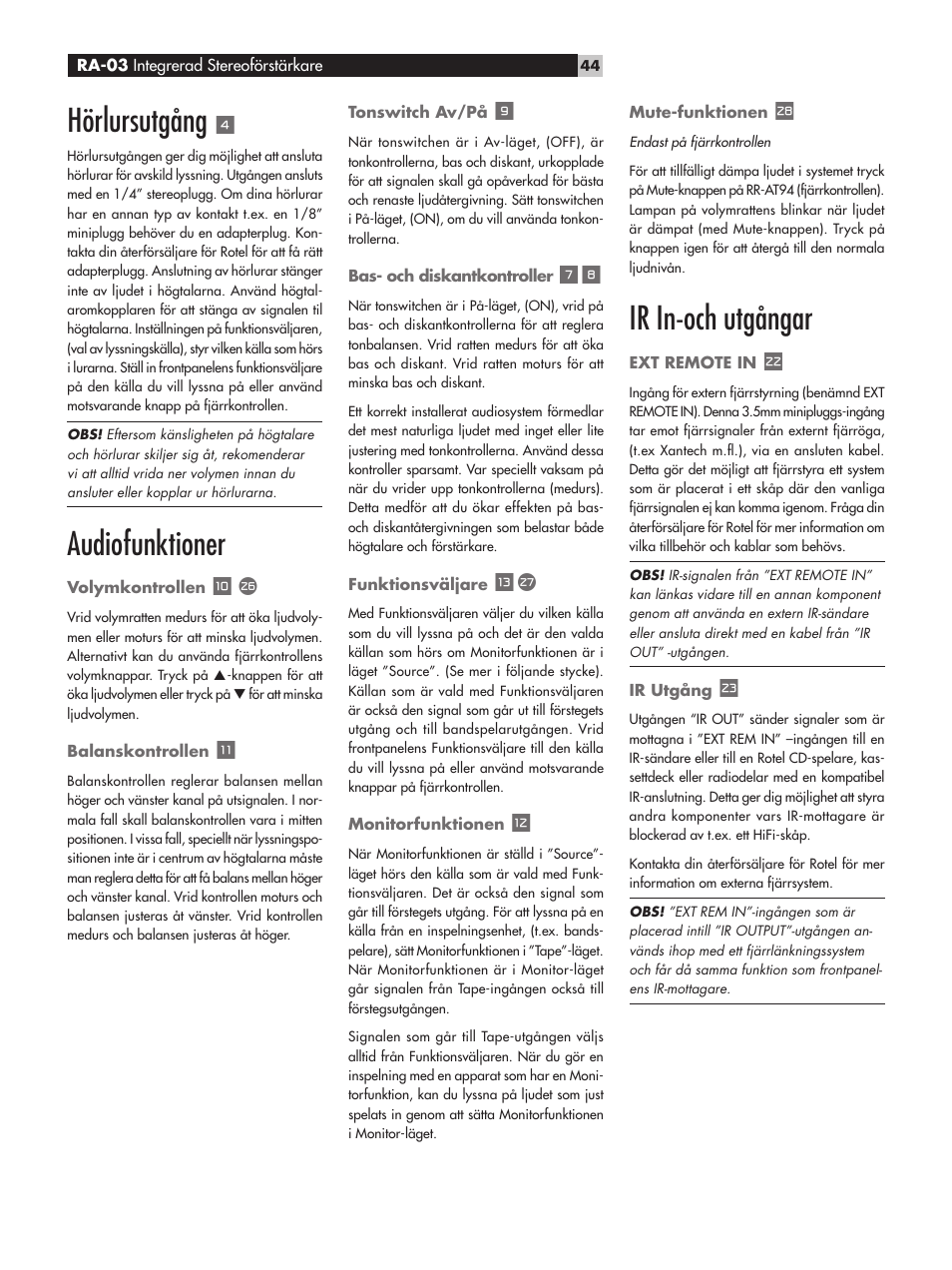 Hörlursutgång, Audiofunktioner, Ir in-och utgångar | ROTEL RA-03 User Manual | Page 44 / 46