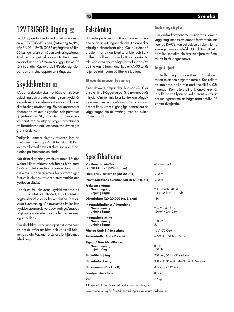 12v trigger utgång, Skyddskretsar, Felsökning | Speciﬁkationer | ROTEL RA-03 User Manual | Page 45 / 46