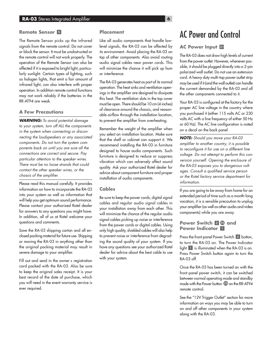 Ac power and control | ROTEL RA-03 User Manual | Page 6 / 46