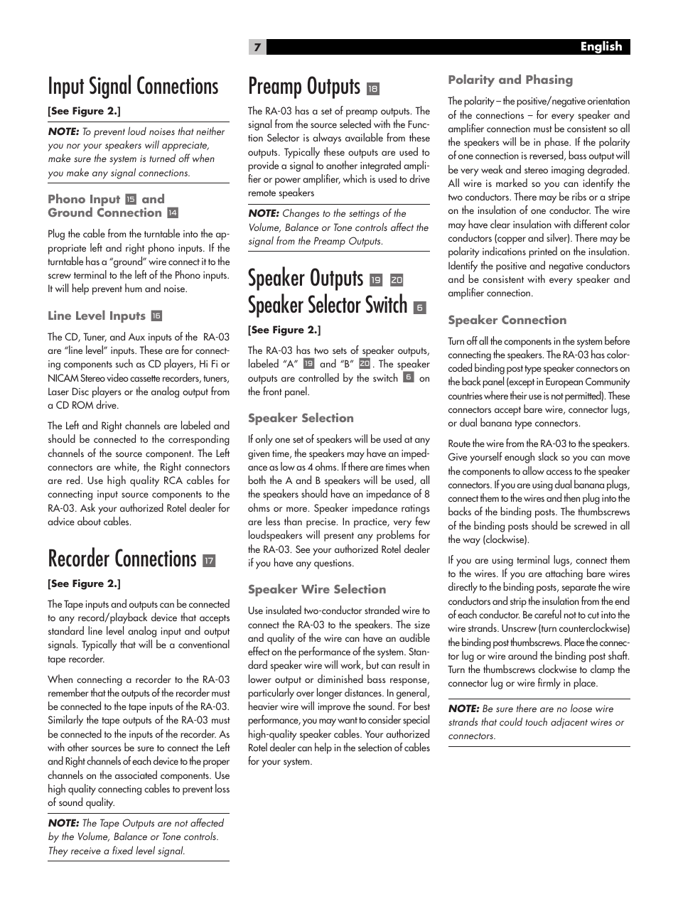 Input signal connections, Recorder connections, Preamp outputs | Speaker outputs, Speaker selector switch | ROTEL RA-03 User Manual | Page 7 / 46